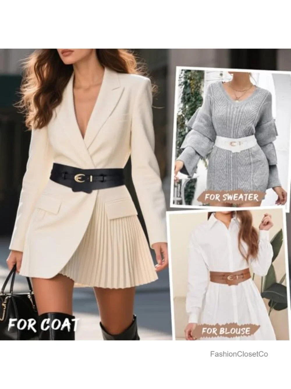 Women's 2-in-1 Wide PU Leather Belt with Detachable Skinny Belt